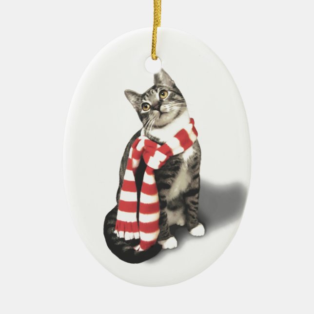 Brown Tabby Cat in a Red and White scarf Ceramic Ornament (Front)