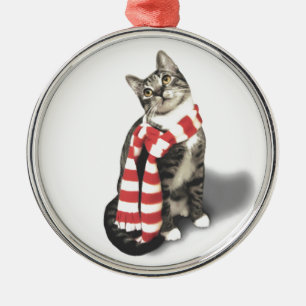 Brown Tabby Cat in a Red and White scarf Metal Ornament