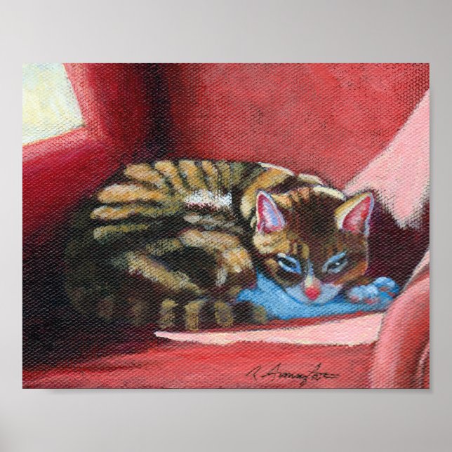Brown Tabby Cat Sleeping in a Comfy Red Chair Poster (Front)