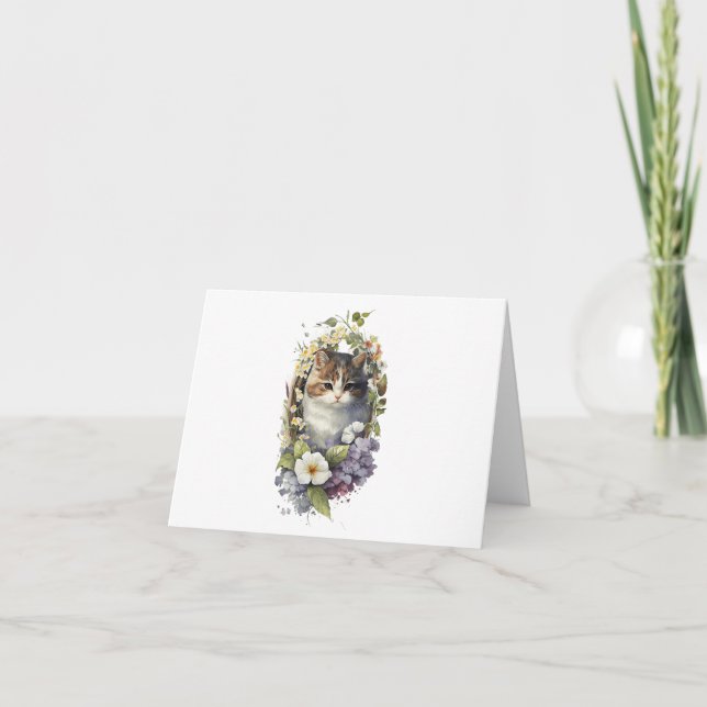 Brown Tabby Cat with Flowers BLANK  Card (Front)