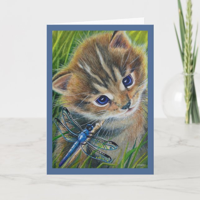 Brown Tabby Kitten & Dragonfly Watercolor Art Card (Front)