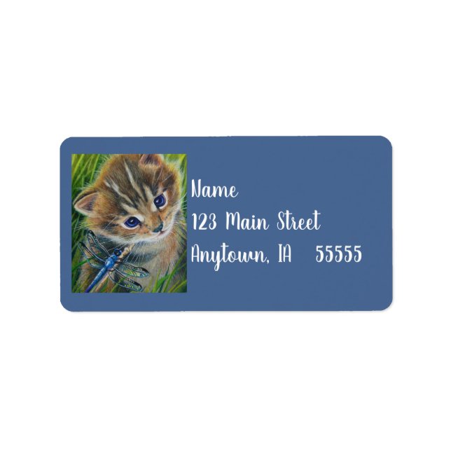 Brown Tabby Kitten & Dragonfly Watercolor Art Label (Front)