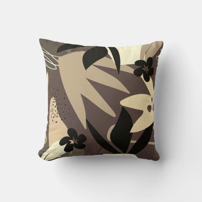 Brown Tan & Beige Artistic Abstract Tropical Cushion (Front)