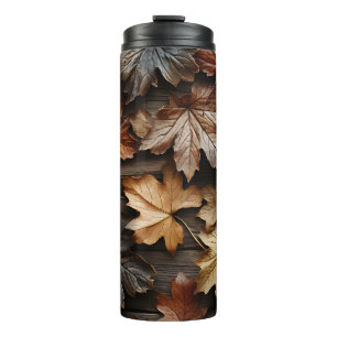 BROWN TAN BLUE FALL AUTUMN LEAVES THERMAL TUMBLER