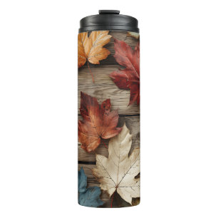 BROWN TAN BLUE FALL AUTUMN LEAVES  THERMAL TUMBLER