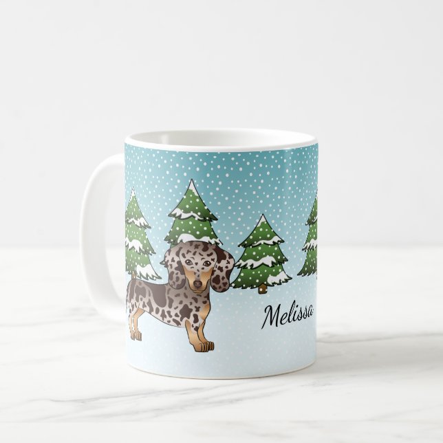 Brown & Tan Dapple Short Hair Dachshund In Winter Coffee Mug (Front Left)