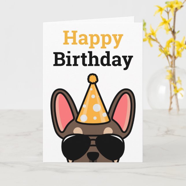 Brown Tan French Bulldog Happy Birthday Card (Yellow Flower)