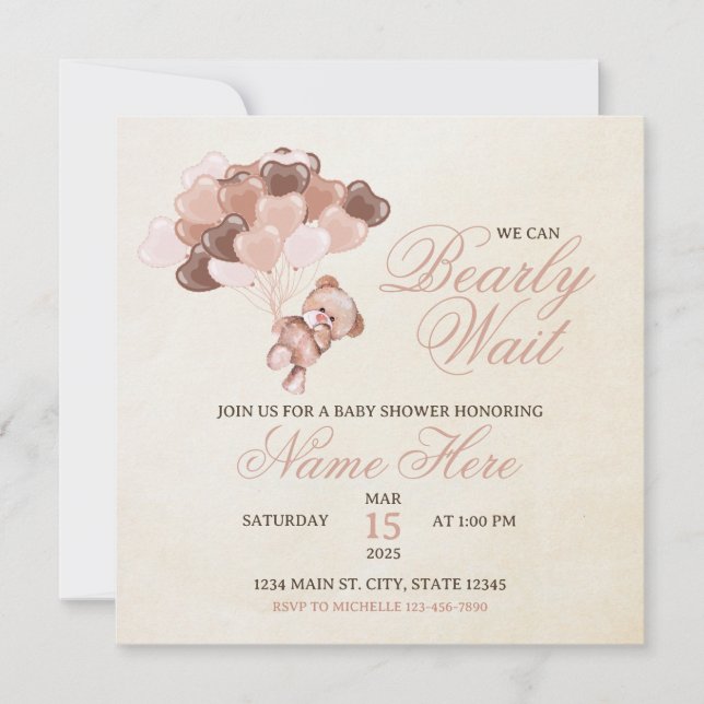 Brown Tan Heart Balloons Teddy Bear Baby Shower Invitation (Front)