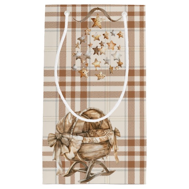 BROWN & TAN NEUTRAL BOHO BASSINETTE & MOBILE SMALL GIFT BAG (Front)
