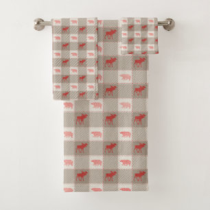 BROWN & TAN PLAID WITH RED BEARS & MOOSE BATH TOWEL SET