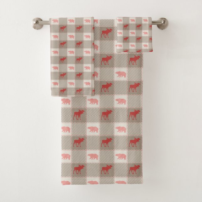 BROWN & TAN PLAID WITH RED BEARS & MOOSE BATH TOWEL SET (Insitu)