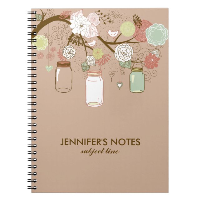 Brown & Tan Retro Flowers & Mason Jars Notebook (Front)