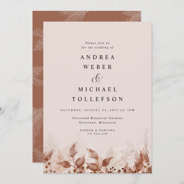 Brown Tan Rust Pampas Grass Boho Wedding Invitation (Front/Back)