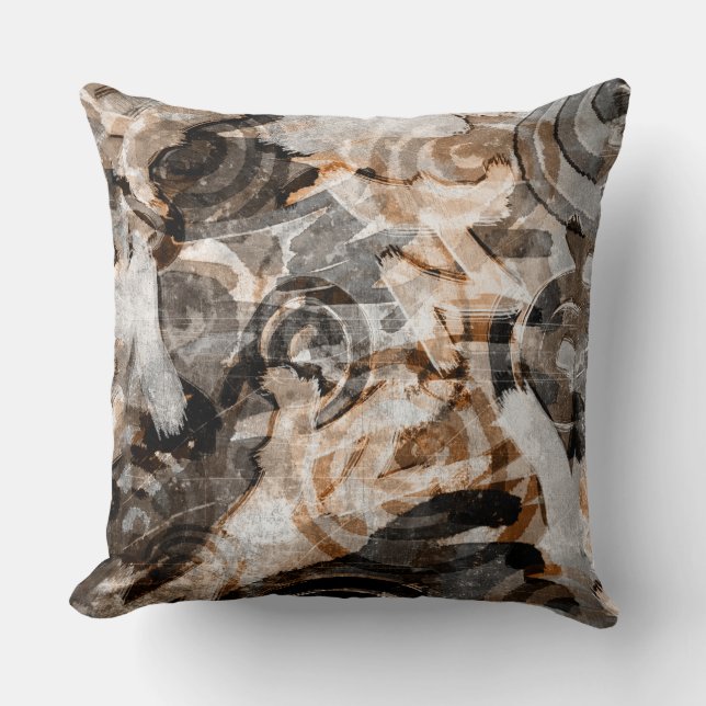Brown Tan Spiral Modern Abstract Neutral Grunge Cushion (Front)