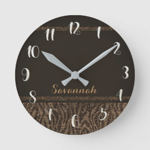 Brown Tan Zebra Print Glam Sequins Glitter Round Clock