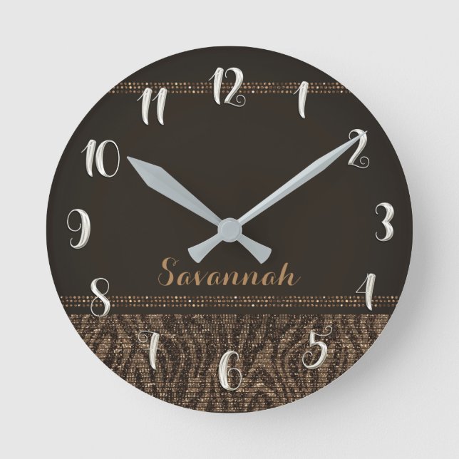 Brown Tan Zebra Print Glam Sequins Glitter Round Clock (Front)