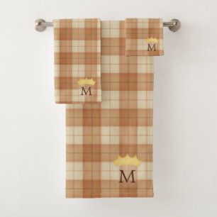 Brown Tartan Crowned Monogram Prince or Princess Bath Towel Set