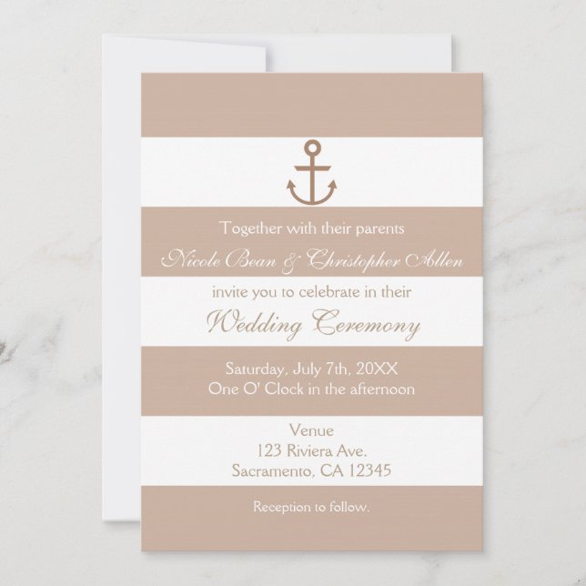 Brown Taupe & White Striped Anchor Invitations (Front)