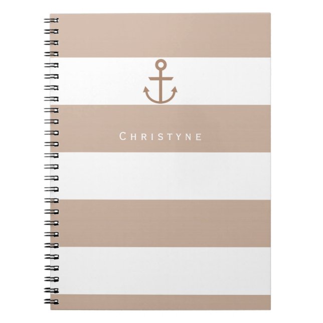 Brown Taupe & White Striped Anchor Notebook (Front)