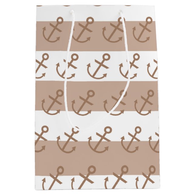 Brown Taupe & White Striped Anchor Party Gift Bag (Front)