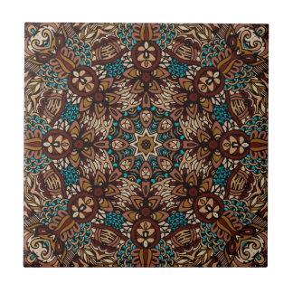 Brown, Teal & Beige Earthy Rustic Boho Mandala Ceramic Tile