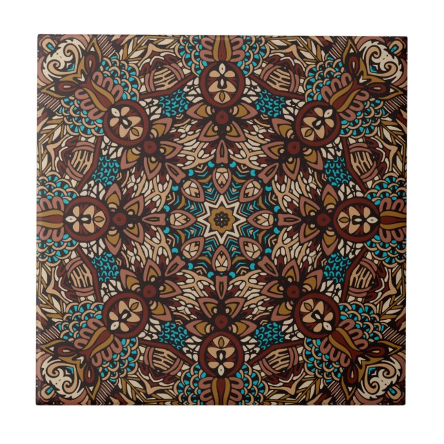 Brown, Teal & Beige Earthy Rustic Boho Mandala Ceramic Tile (Front)