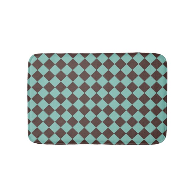 Brown Teal Chequered Diamond Pattern  Bath Mat (Front)