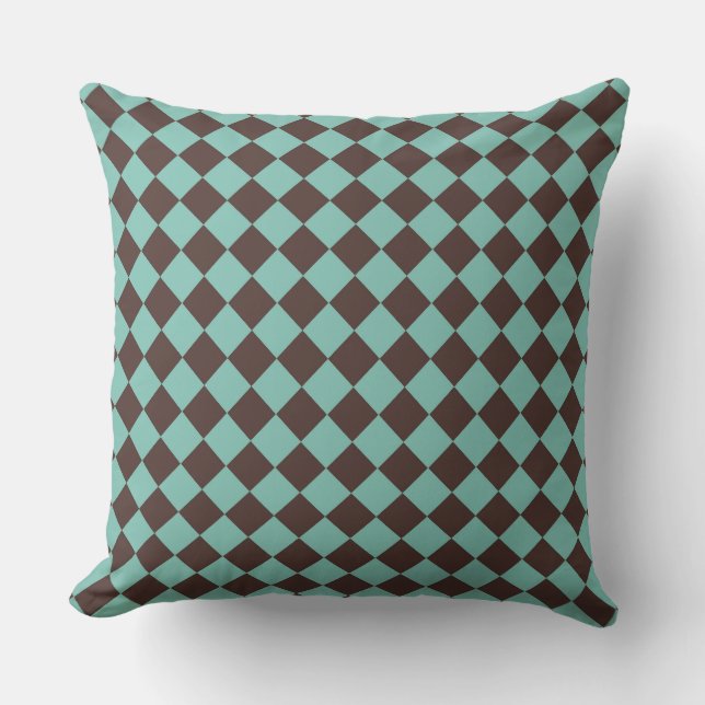 Brown Teal Chequered Diamond Pattern  Cushion (Front)