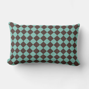 Brown Teal Chequered Diamond Pattern Lumbar Cushion