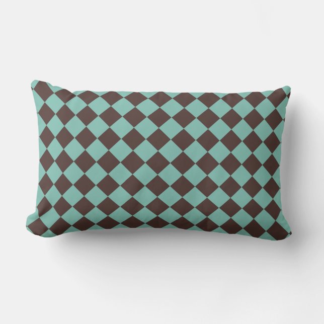 Brown Teal Chequered Diamond Pattern  Lumbar Cushion (Front)