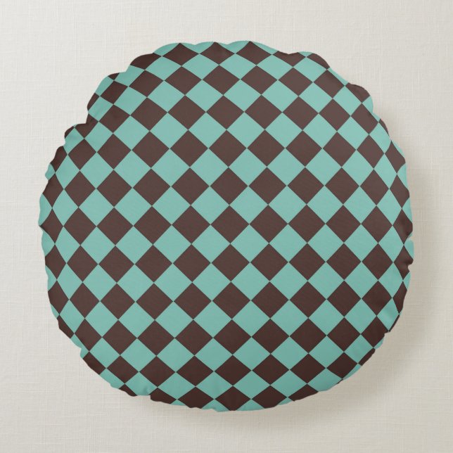 Brown Teal Chequered Diamond Pattern  Round Cushion (Front)
