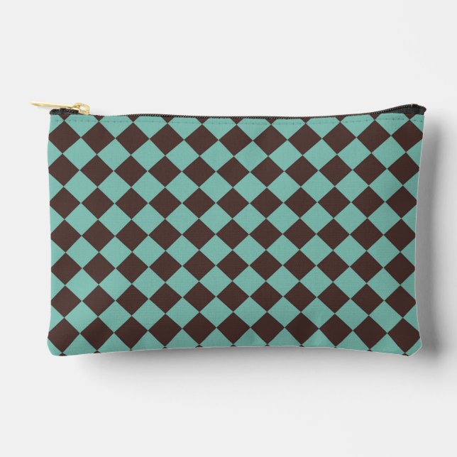 Brown Teal Chequered Diamond Pattern Small Accessory Pouch (Front)