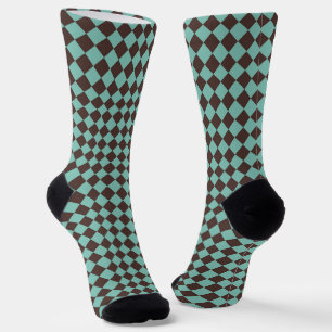 Brown Teal Chequered Diamond Pattern Socks