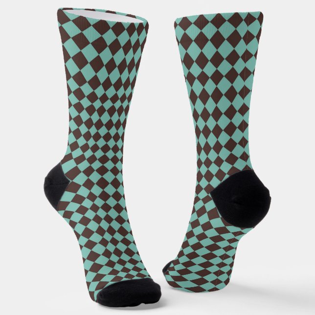 Brown Teal Chequered Diamond Pattern Socks (Angled)
