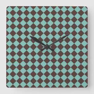 Brown Teal Chequered Diamond Pattern Square Wall Clock