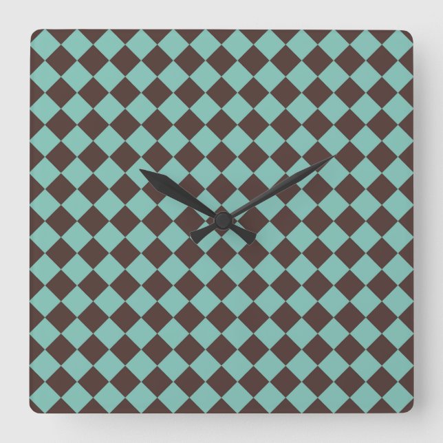 Brown Teal Chequered Diamond Pattern Square Wall Clock (Front)