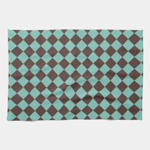 Brown Teal Chequered Diamond Pattern  Tea Towel