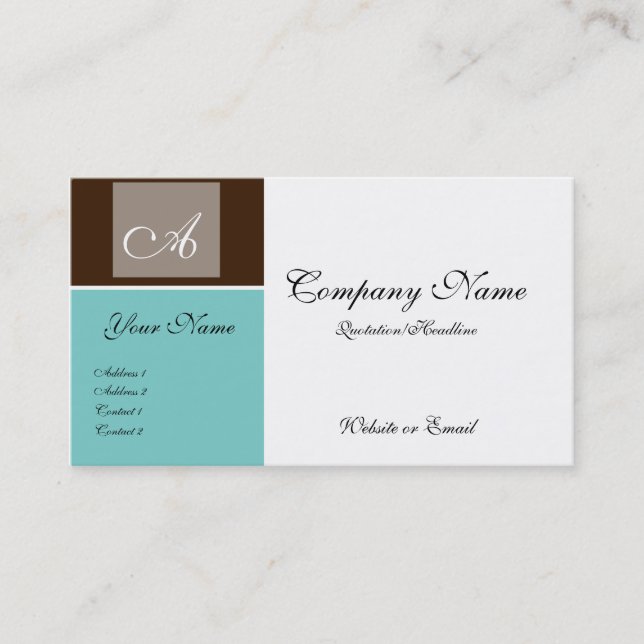 Brown & Teal Chic Monogram Style Business Cards (Front)