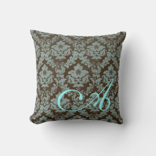 Brown / Teal Distressed Damask Personalised Pillow
