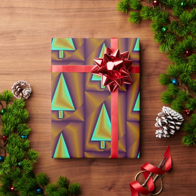 Brown Teal Metallic Trees Puffy Wrapping Paper (Holiday Gift)