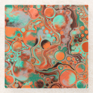 Brown, Teal, Orange Marble Fluid Art Glass Coaster