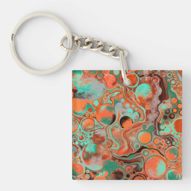 Brown, Teal, Orange Marble Fluid Art  Key Ring (Front)