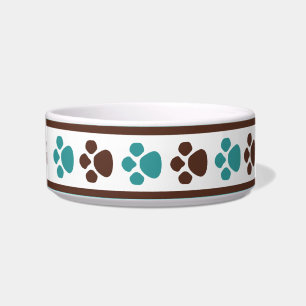 Brown & Teal Paw Prints Personalised Cat Bowl