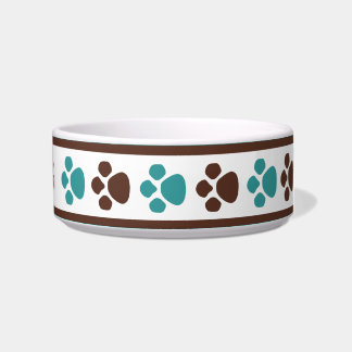 Brown & Teal Paw Prints Personalised Cat Bowl