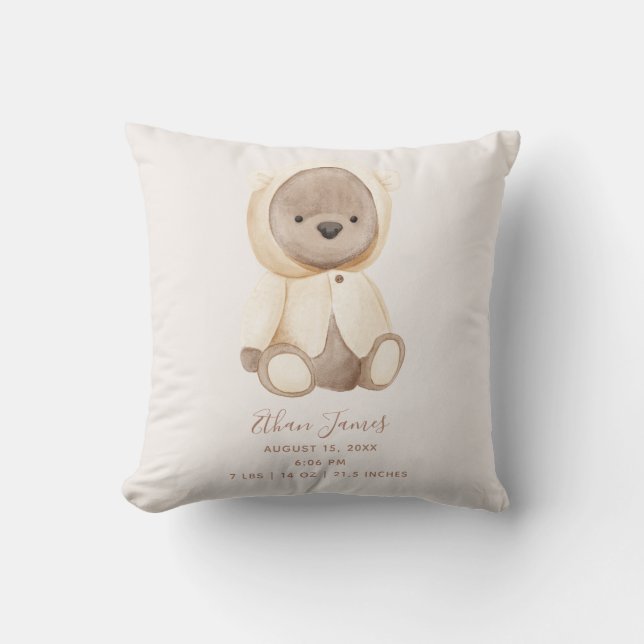 Brown Teddy Bear Baby Birth Stats Keepsake Cushion (Front)