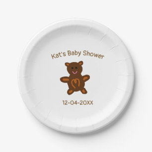 Brown teddy bear baby shower add name date elegant paper plate
