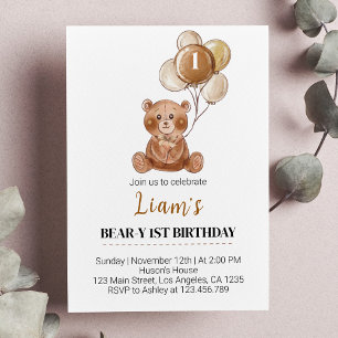 Brown Teddy Bear Balloon First Birthday Invitation