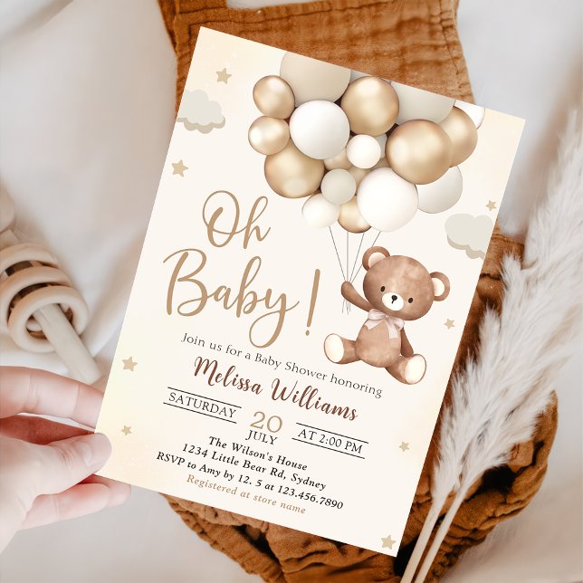 Brown Teddy Bear Balloons Baby Shower Invitation (Creator Uploaded)