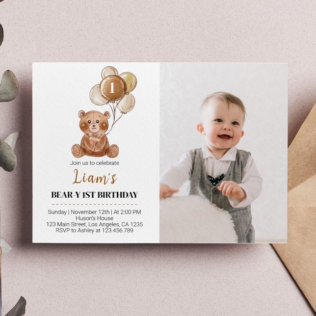 Brown Teddy Bear Birthday Invitation Bear Balloon (Creator Uploaded)