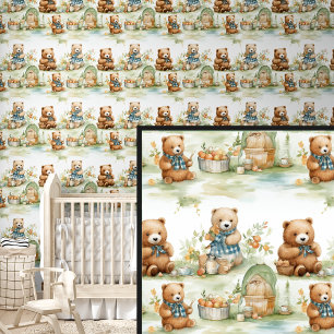 Brown Teddy Bear Friends Picnic in Orchard Wallpaper